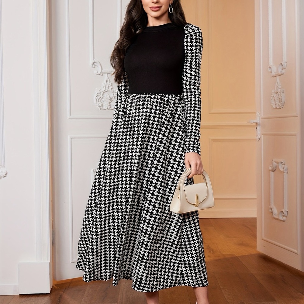 SHEIN Black and White Houndstooth Long Sleeve Dress
